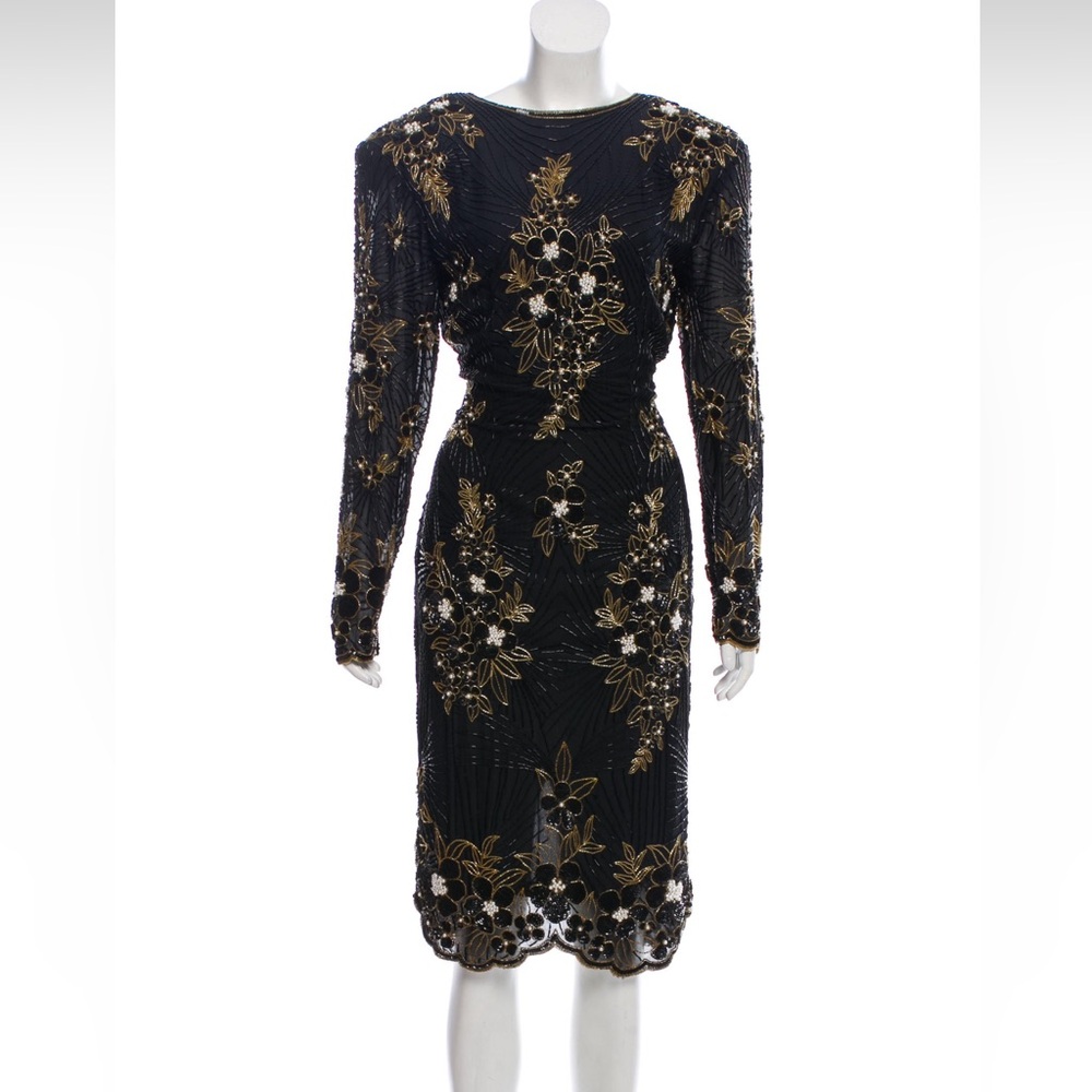 Naeem Khan black and gold hand-beaded cocktail dress with a dramatic deep V-back